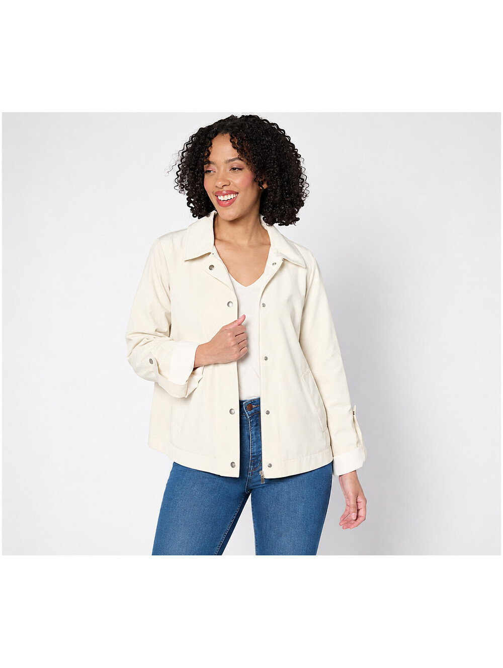 Susan Graver Water Resistant Spring Jacket Roll Tab Sleeve Cloudy White, X-Large